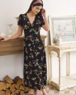 The Black V Neck Floral Short Sleeve Maxi Dress - Image 6