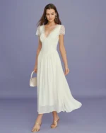 Apricot V Neck Lace Splicing Maxi Dress - Image 5