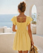Yellow Square Neck Tie Button Mini Dress - Image 3