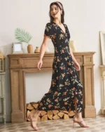 The Black V Neck Floral Short Sleeve Maxi Dress - Image 8