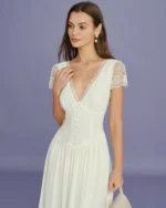 Apricot V Neck Lace Splicing Maxi Dress - Image 2
