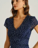 Navy Polka Dot Cap Sleeve Midi Dress - Image 2