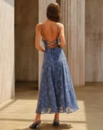 Blue Jacquard Ruched Slip Maxi Dress - Image 4