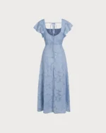 Blue Floral Square Neck Midi Dress - Image 4
