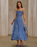 Blue Jacquard Ruched Slip Maxi Dress - Image 5