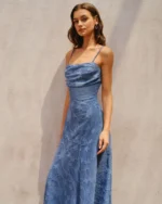 Blue Jacquard Ruched Slip Maxi Dress - Image 2