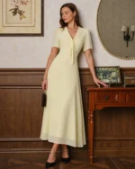 Yellow V Neck Tie Tunic Maxi Dress - Image 2