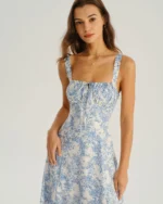 Blue Floral Ruched Slip Midi Dress - Image 4
