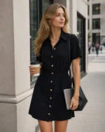 Black Collar Button Pockets Mini Dress